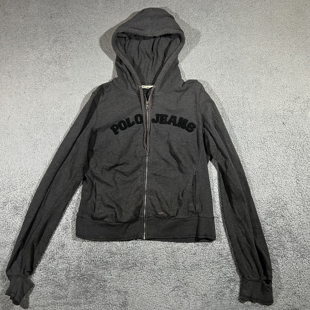 Y2k Polo Ralph Lauren Zip Up Hoodie Black/Gray Women's Size Small Distress #1935